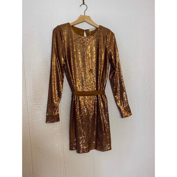 RAMY BROOK Hallie Belted Bronze Sequin Crew Neck Shift Dress US XS NWT - Picture 2 of 12